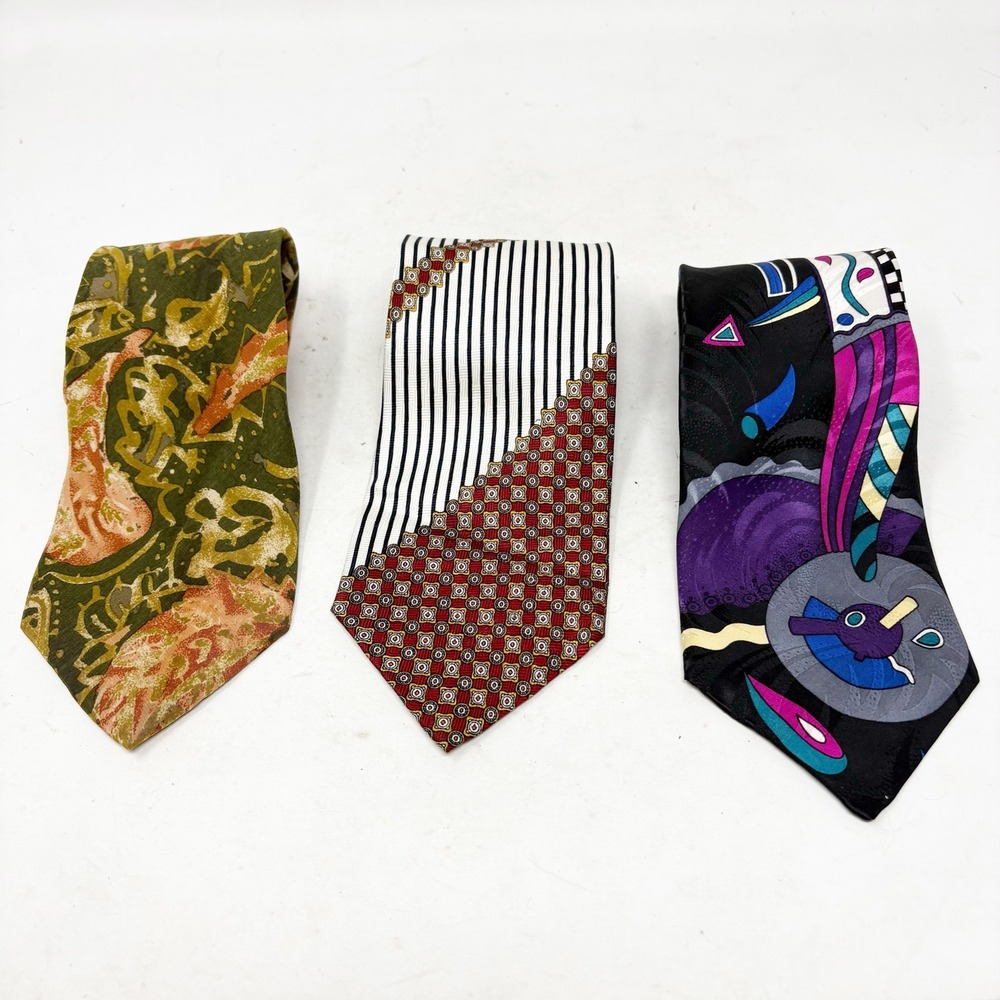Vintage 90s Silk Ties Bundle of 3 Mens Abstract Paisley Olive Green Gold USA